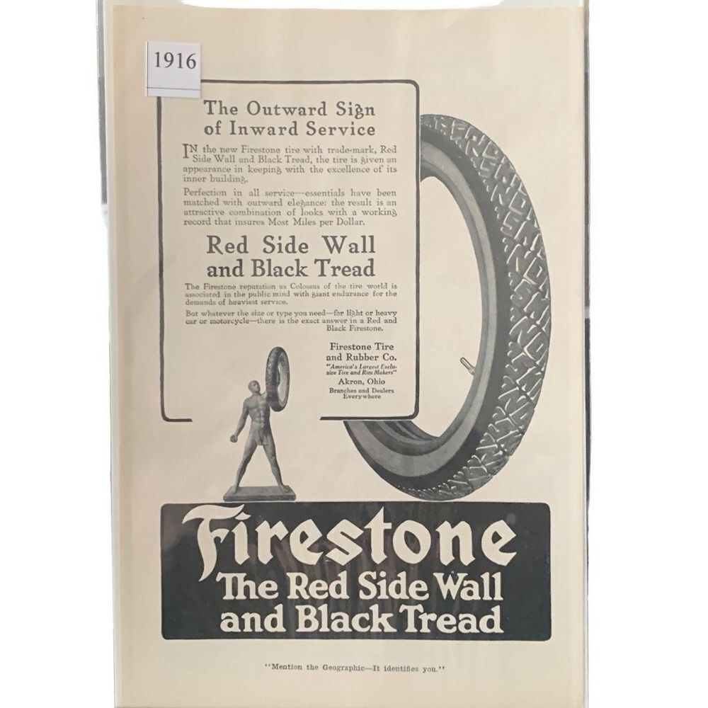 Vintage 1916 Firestone Red Side Wall Black Tread Ad Advertisement